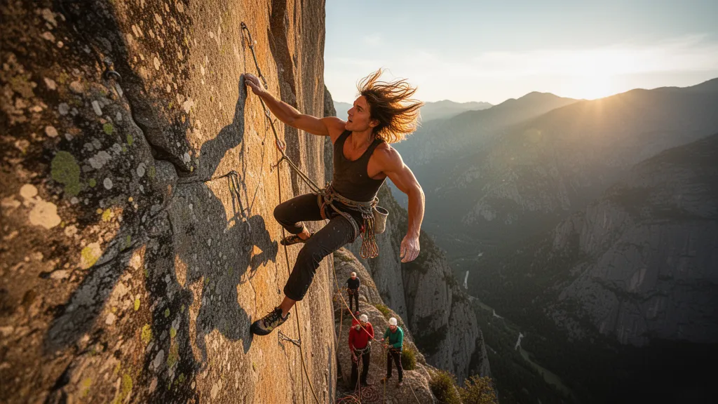 Rock climber scaling outdoor cliff face with dramatic golden hour lighting and mountainous landscape backdrop