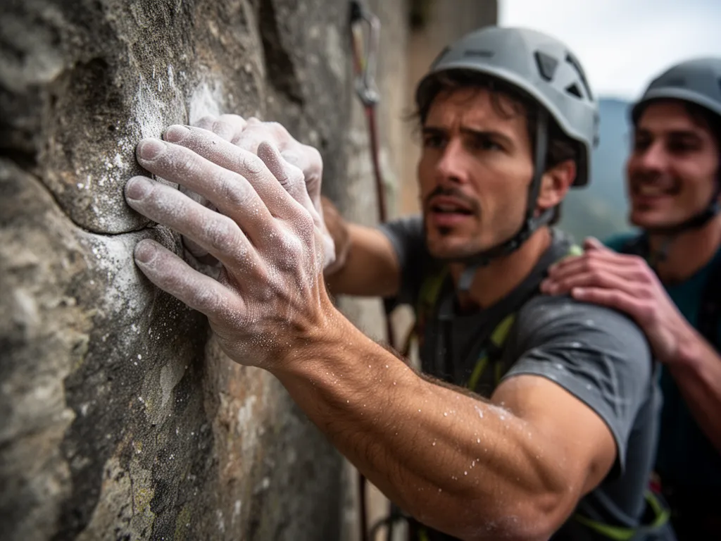 Close-up of climber's hands gripping rock with teammate offering encouragement and support nearby
