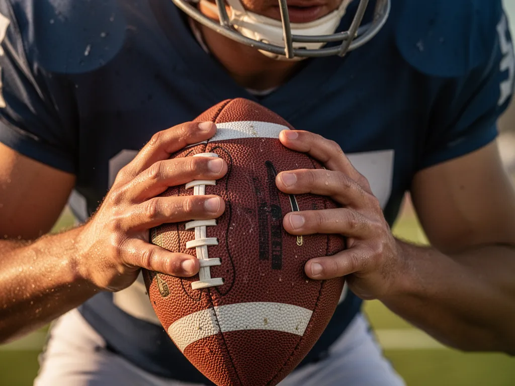 Close-up of football player's hands firmly gripping the ball during intense game action