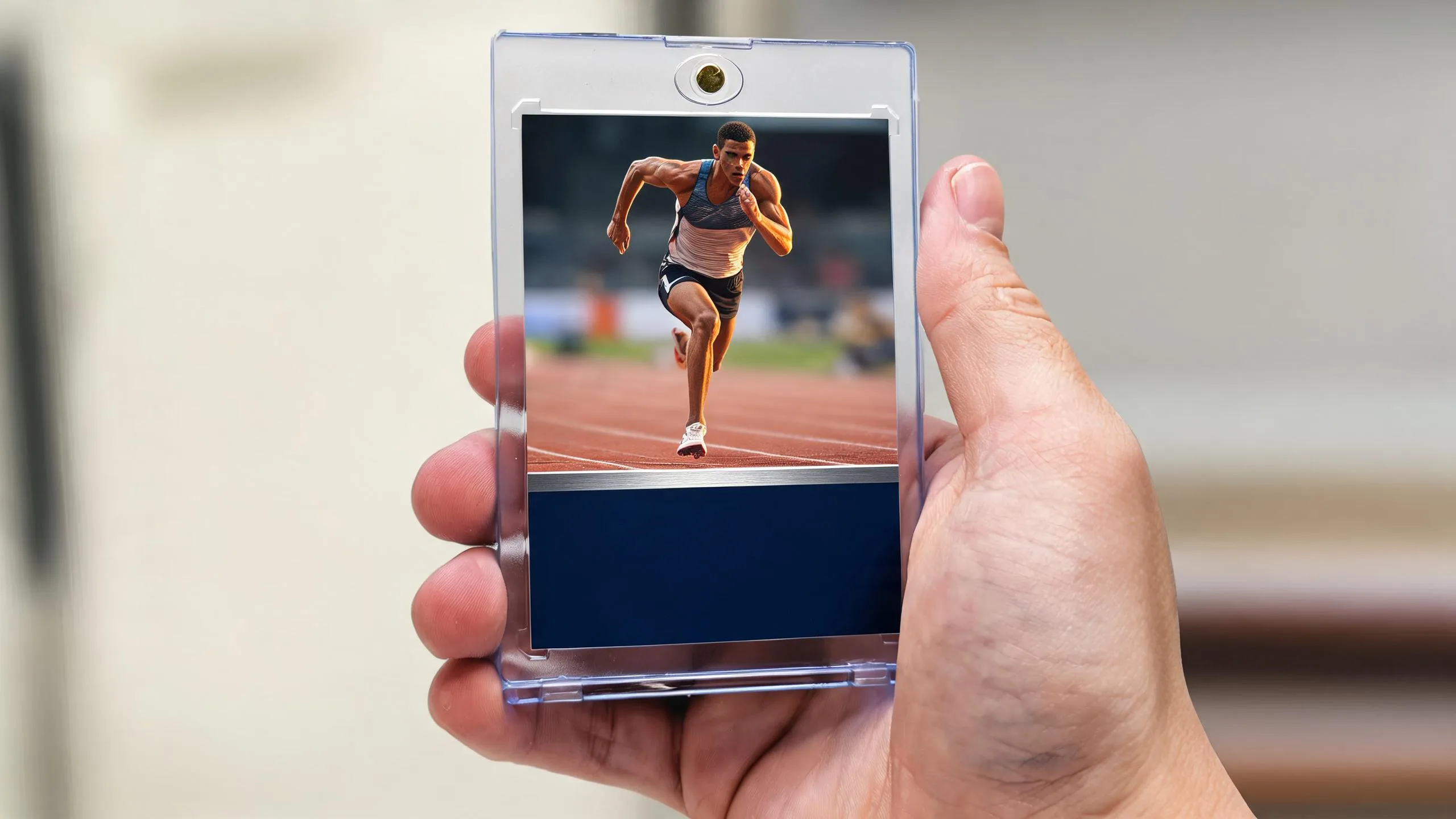 Hand holding magnetic case with action sports card, illustrating when do new topps cards come out.