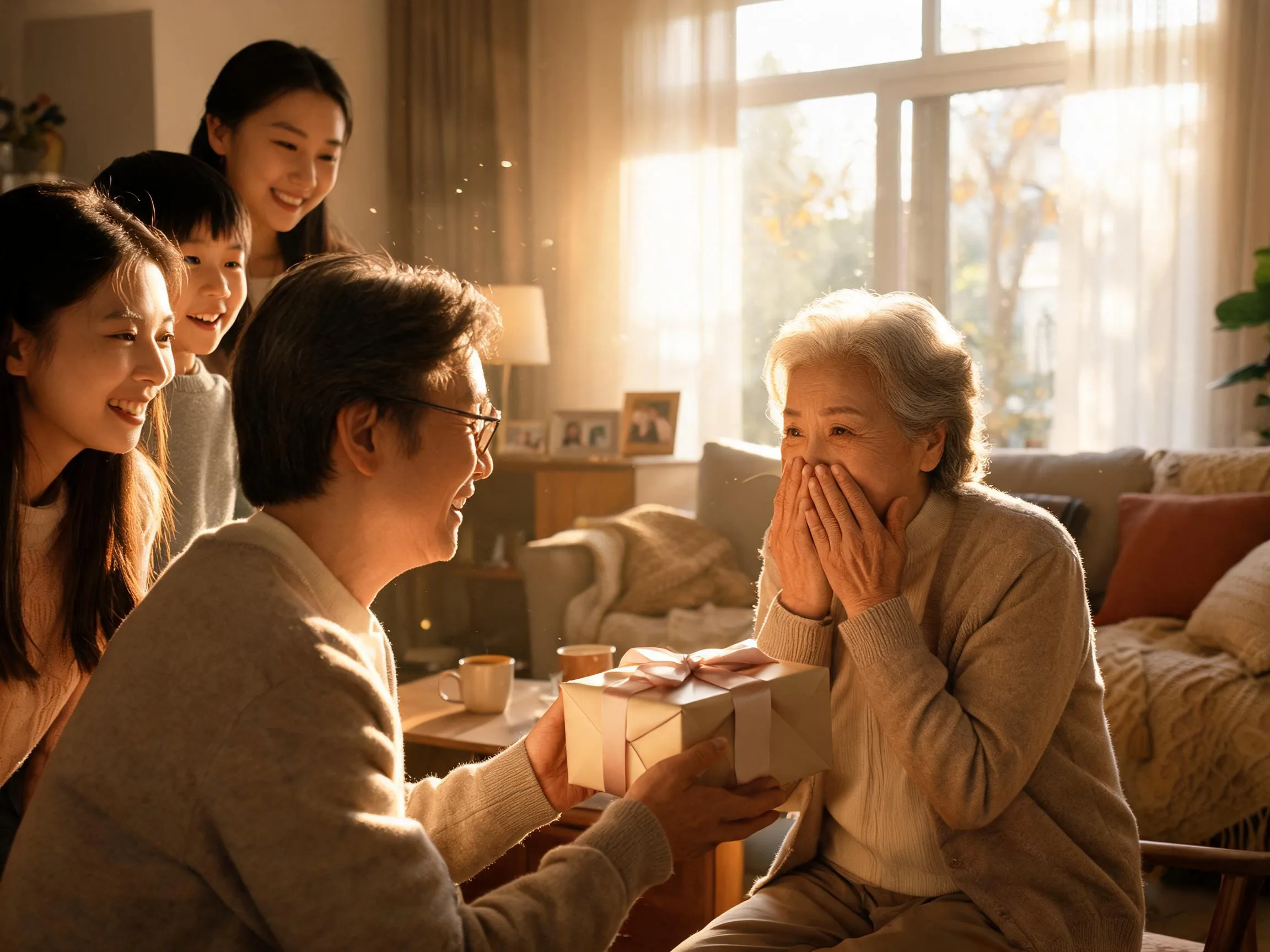 Family member reacting with joyful surprise to an unexpected wrapped gift indoors.