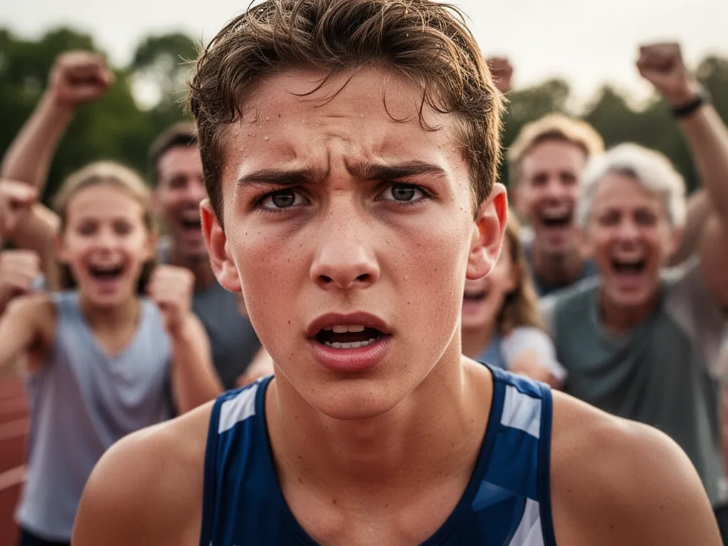 Young athlete displaying focused determination with supportive family members celebrating in the background