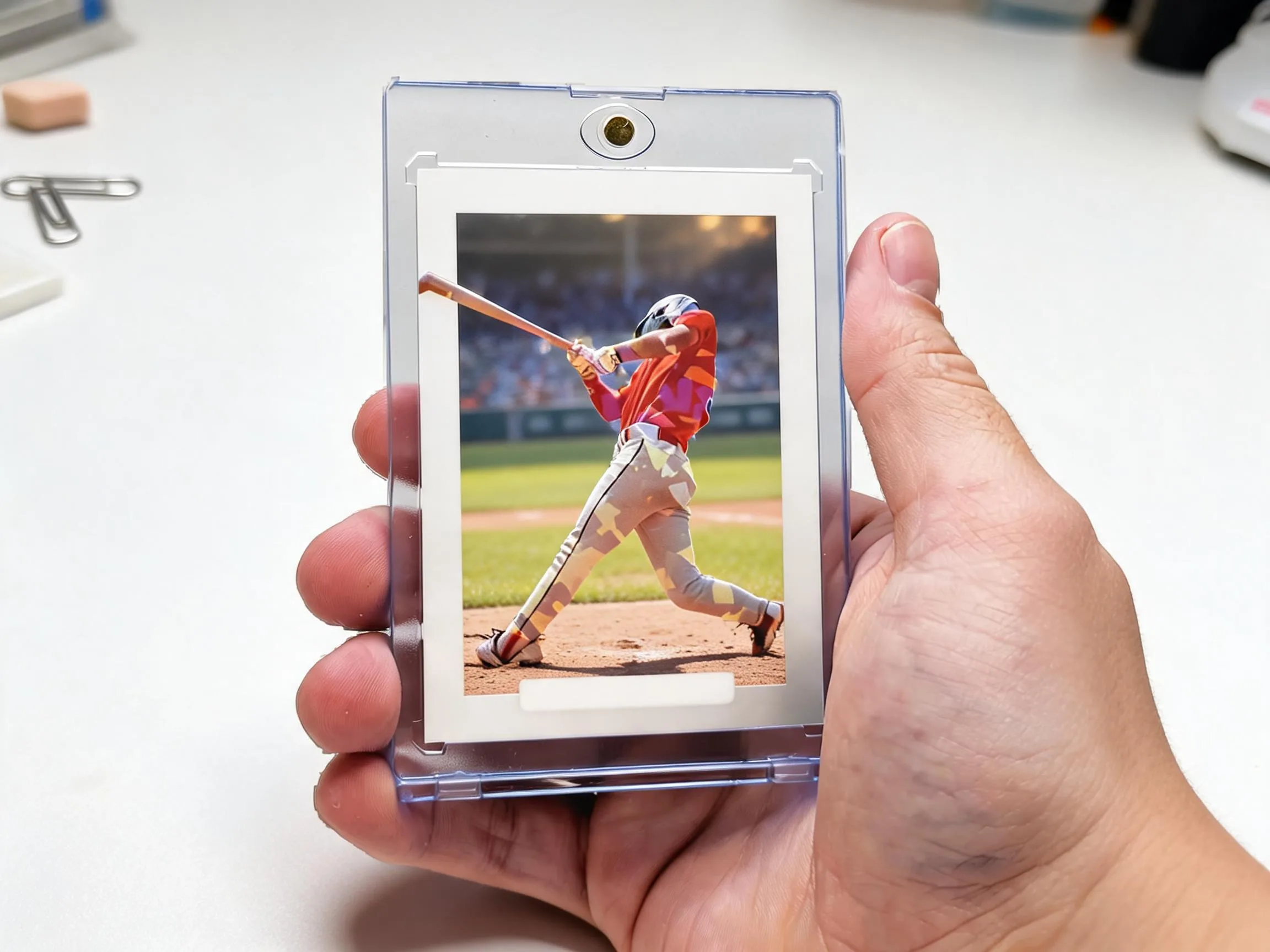 Custom keepsake trading card of an athlete in a clear magnetic display case.
