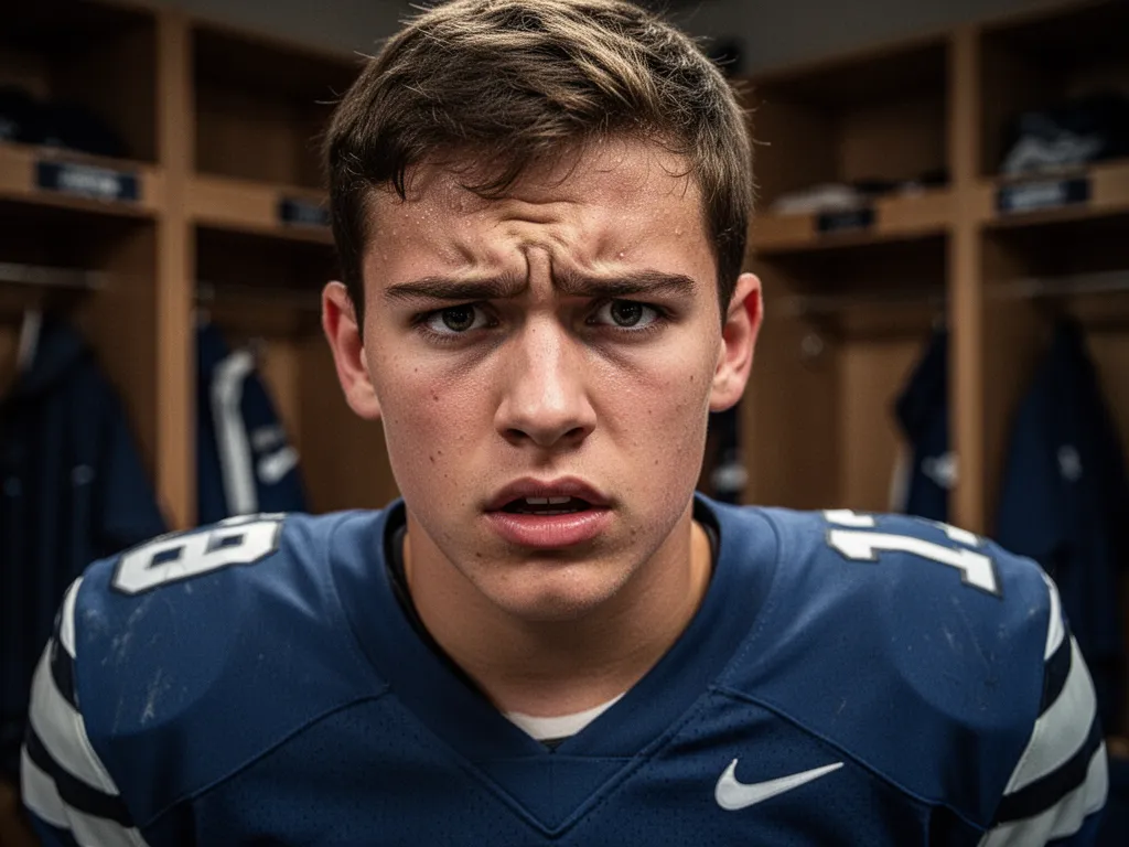 Young football player's determined expression in locker room before competition