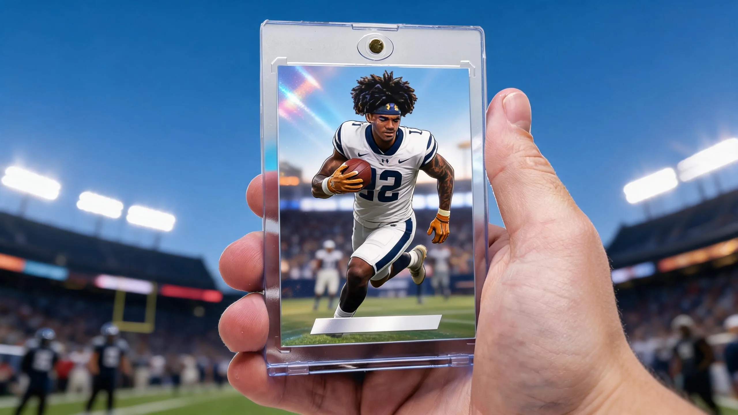 Hand holding magnetic case with custom football rookie card, answering when do NFL rookie cards come out.