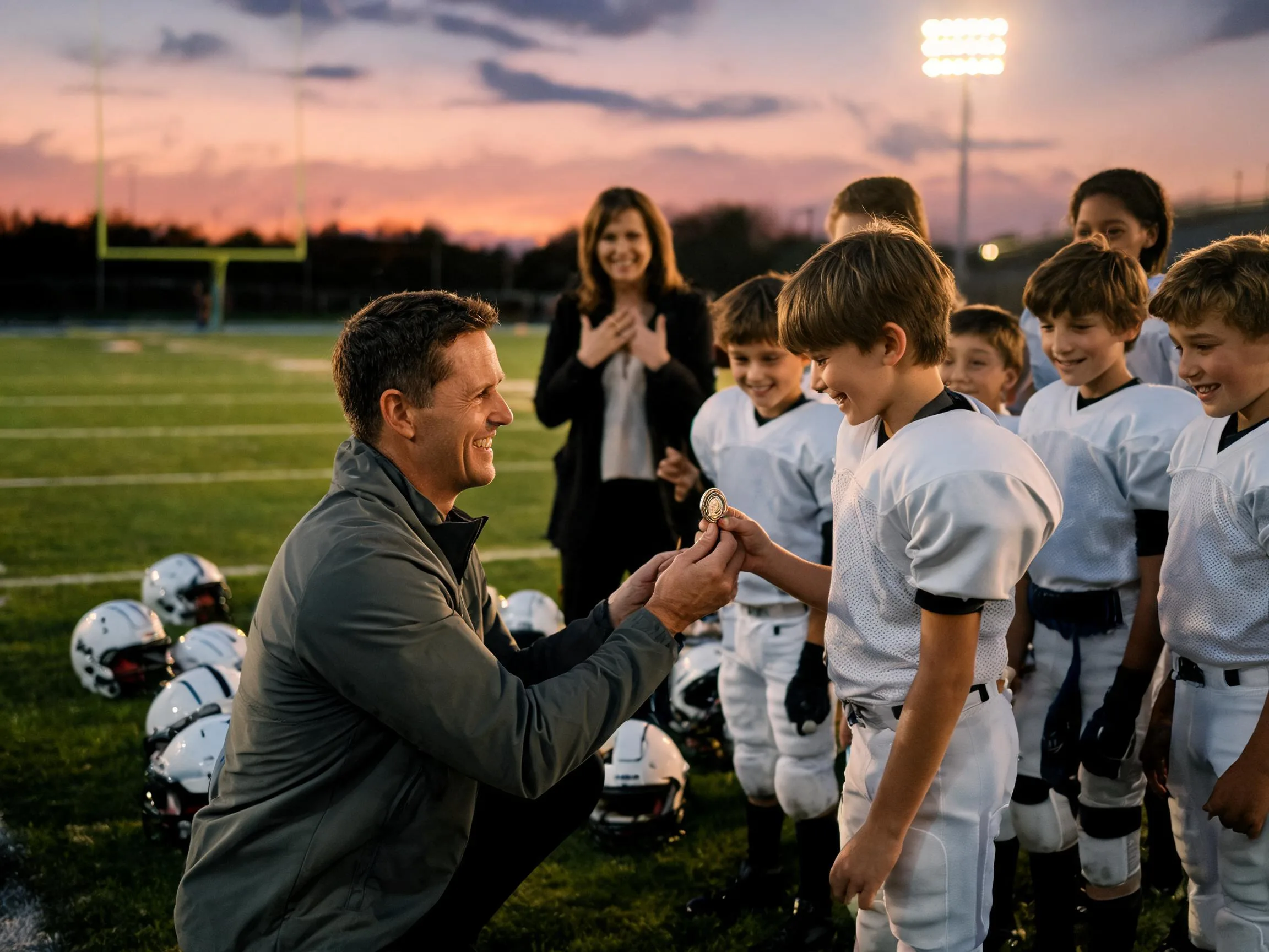 Coach and young football player share a proud, emotional sideline moment under stadium lights.