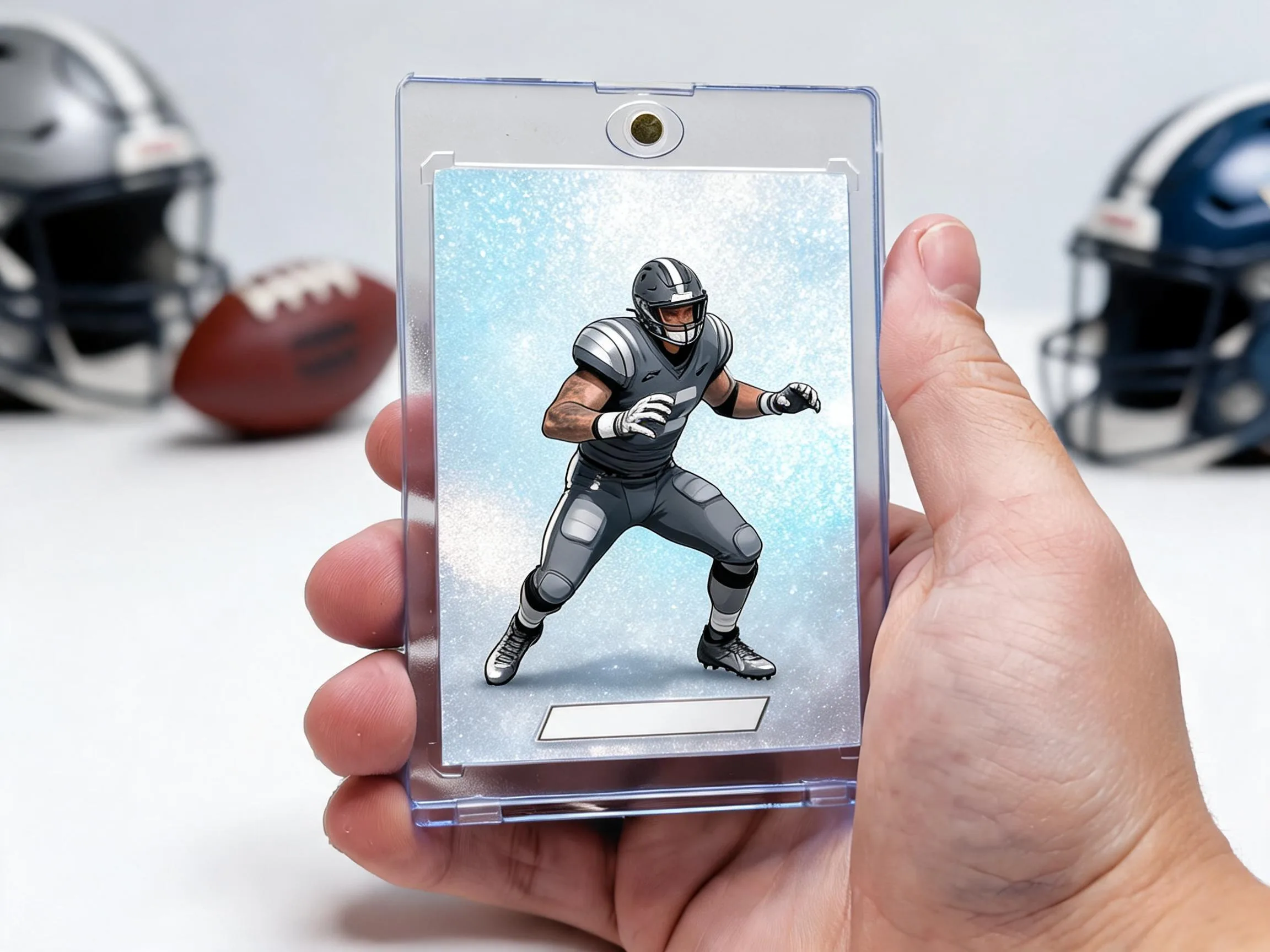Custom football trading card in clear magnetic case, silver-blue refractor design, close-up view.