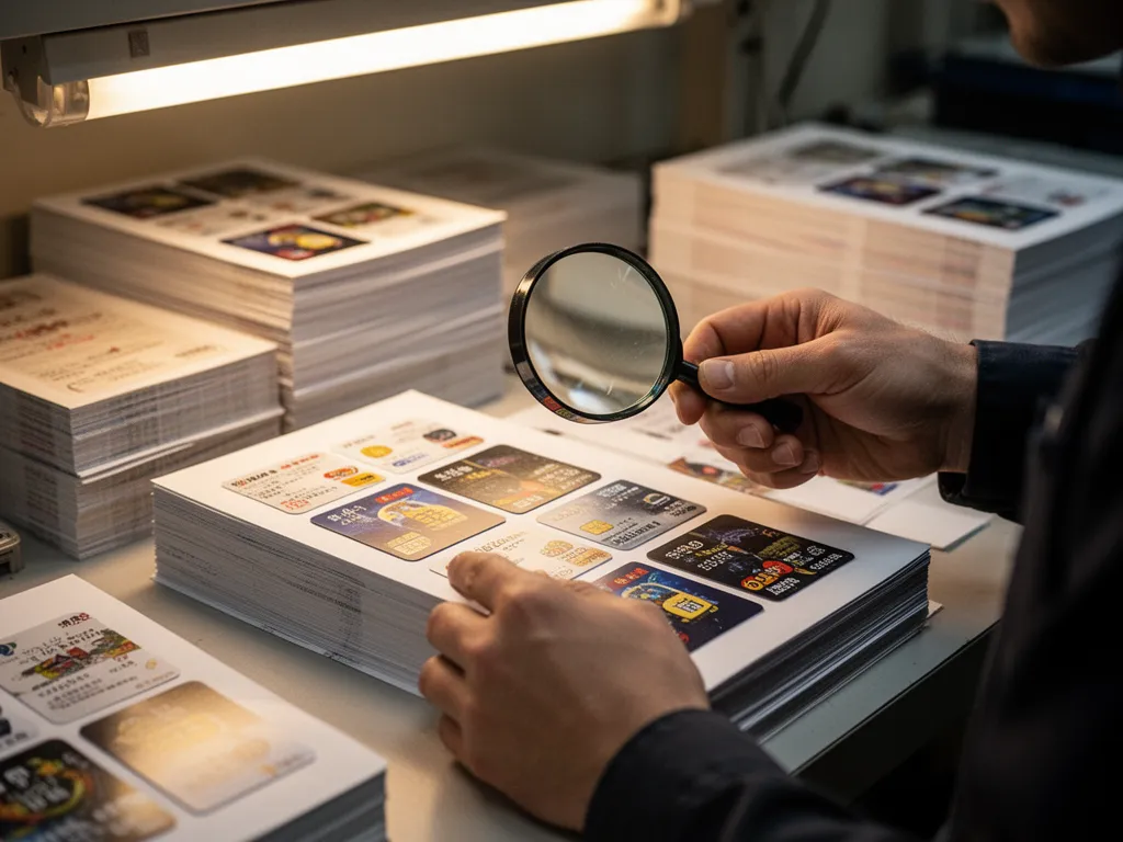 [Quality control technician inspecting printed card sheets with magnifying glass for defects]