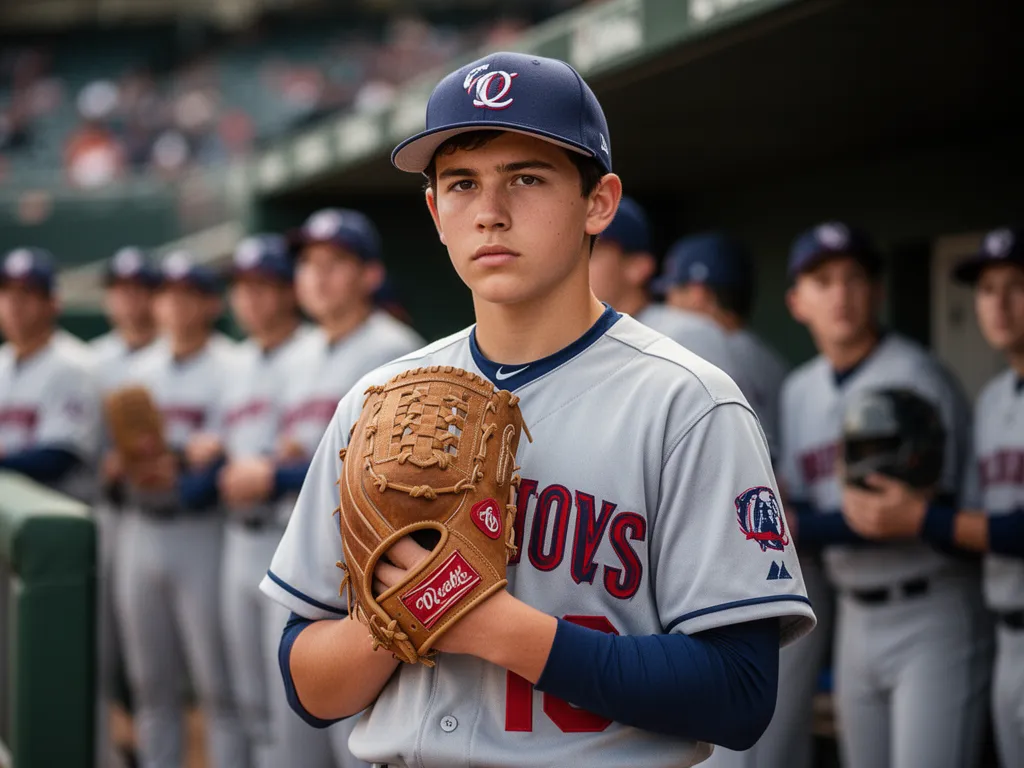 [Young baseball player in dugout holding glove with focused expression and team support behind]