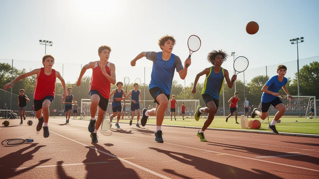Young athletes in various sports compete outdoors with dynamic energy and natural lighting.