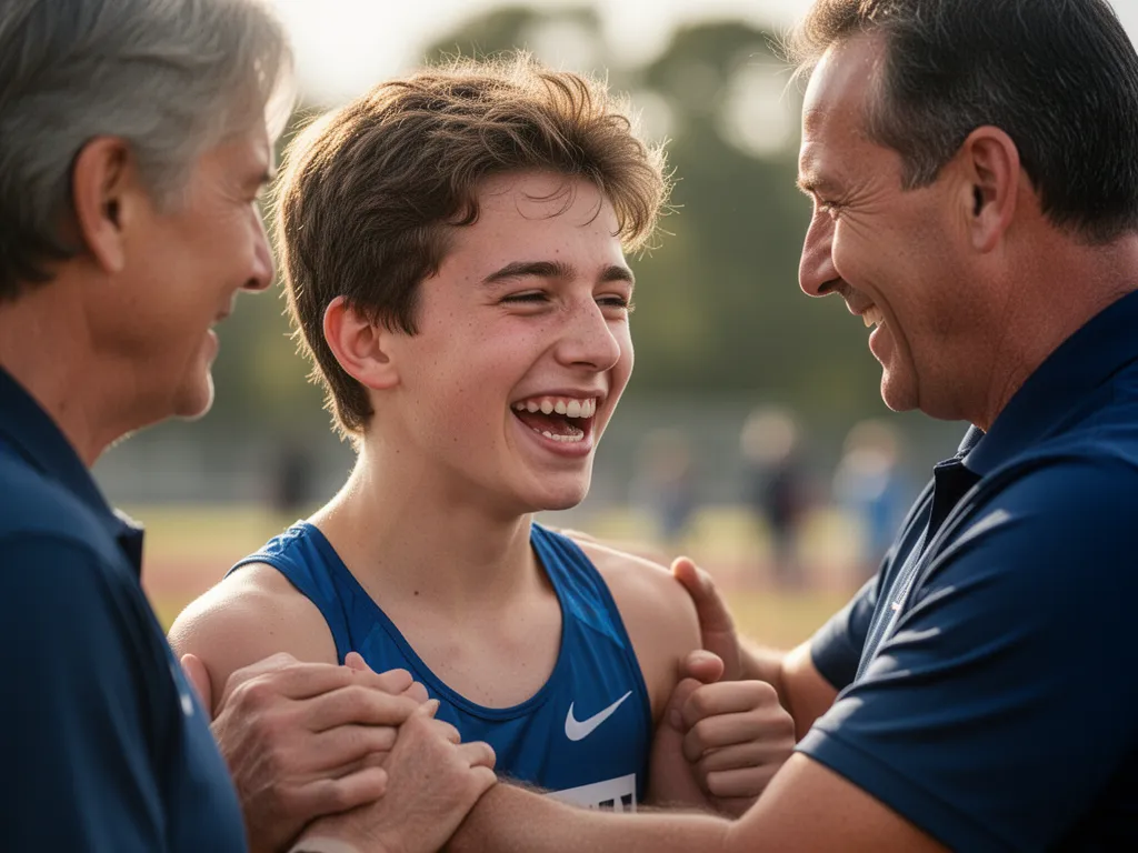 Young athlete celebrates with parent or coach showing genuine emotion and pride.