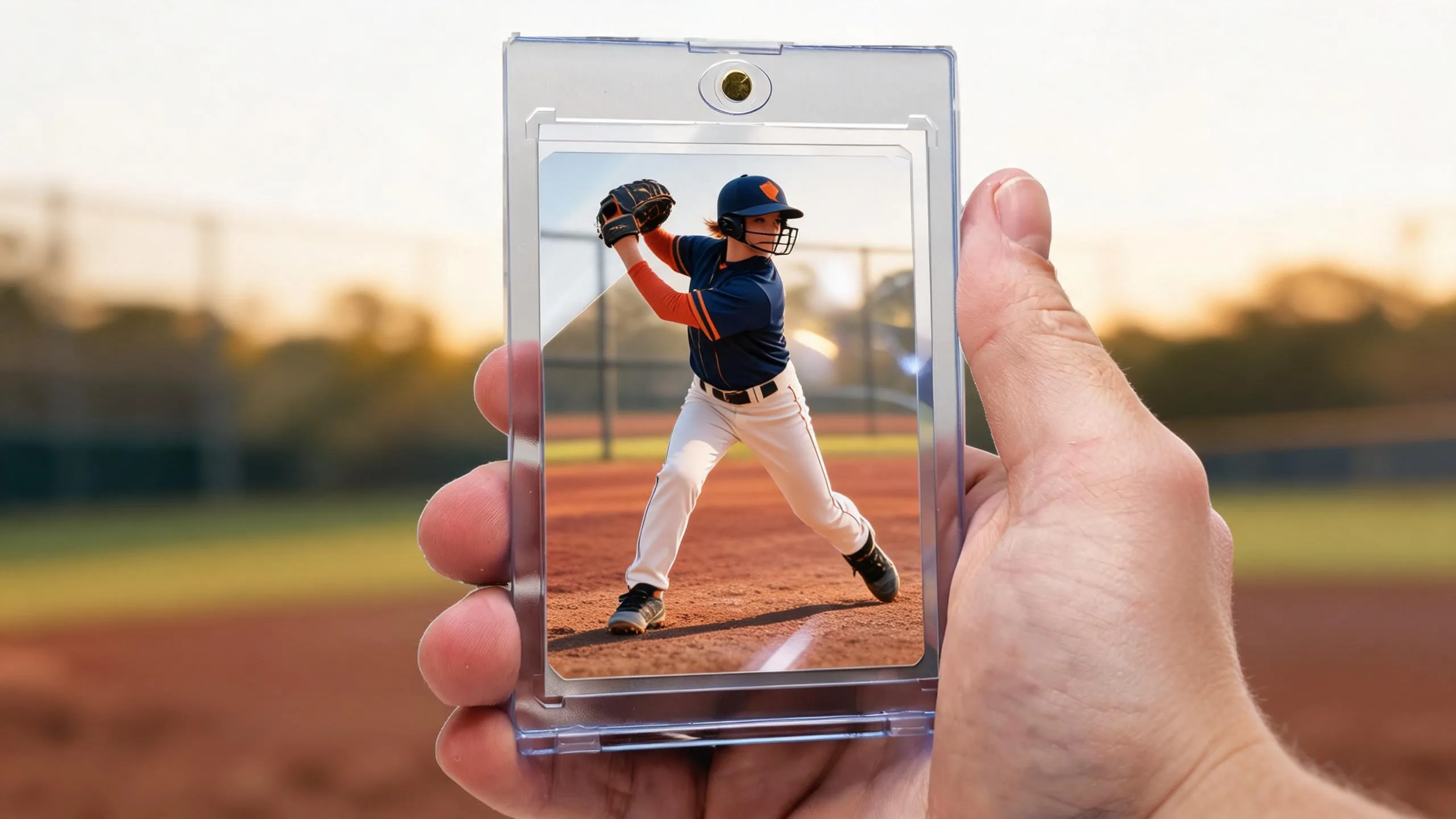 Hand holding magnetic case with baseball card, answering where can I find baseball cards