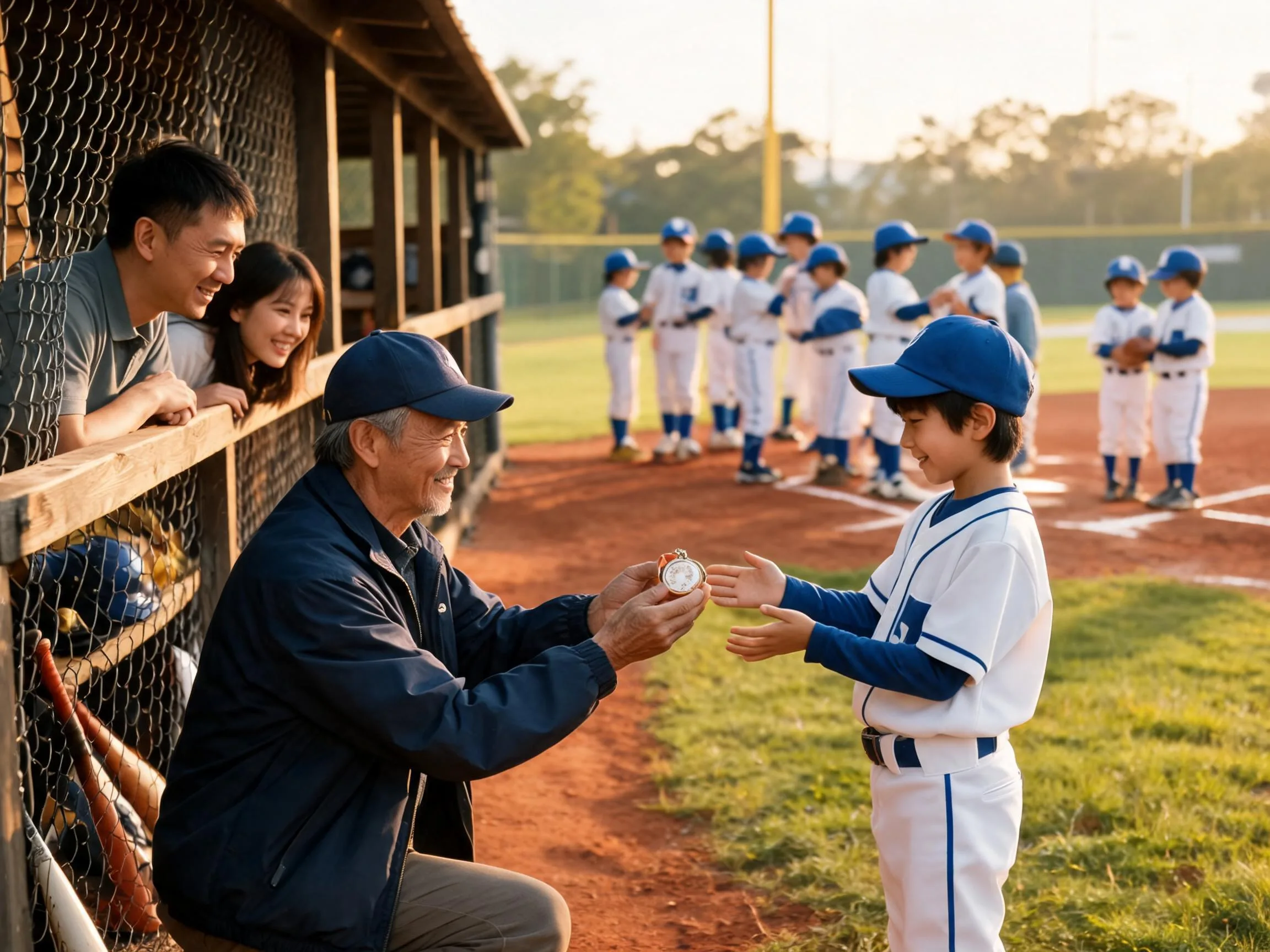 Coach and young athlete share proud moment on baseball diamond near dugout