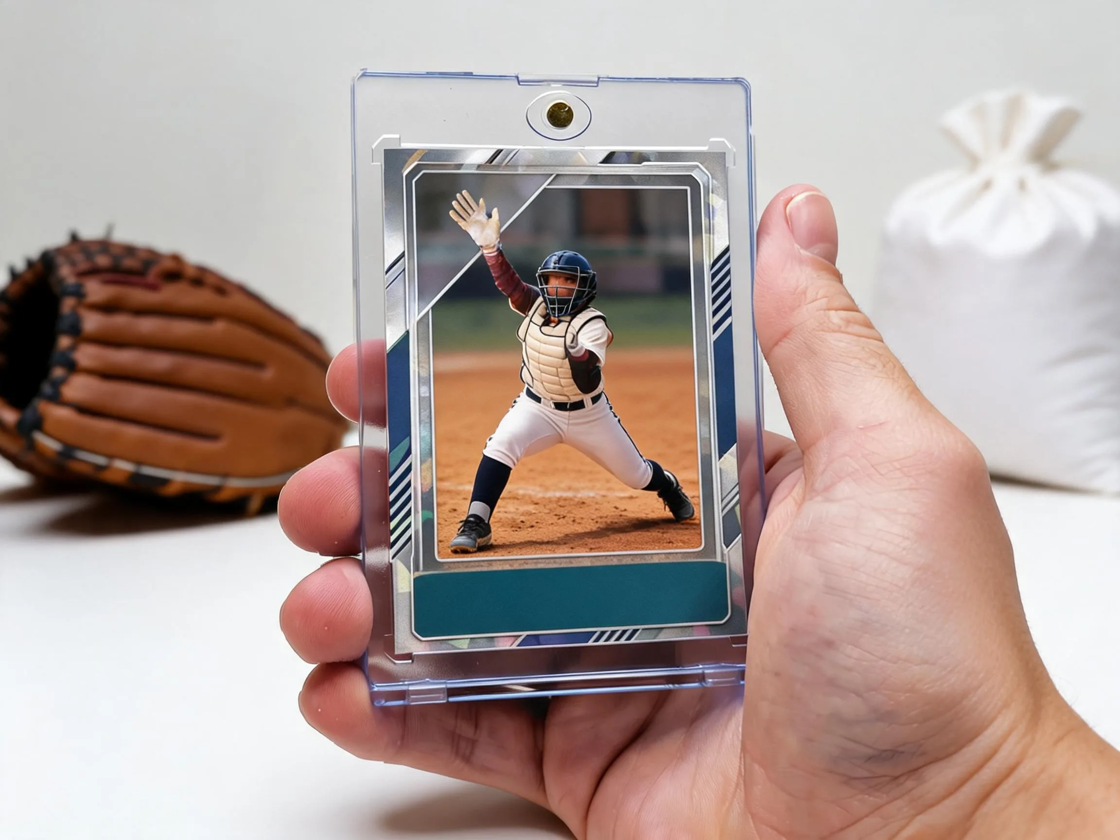 Custom baseball trading card in clear magnetic case standing on white tabletop