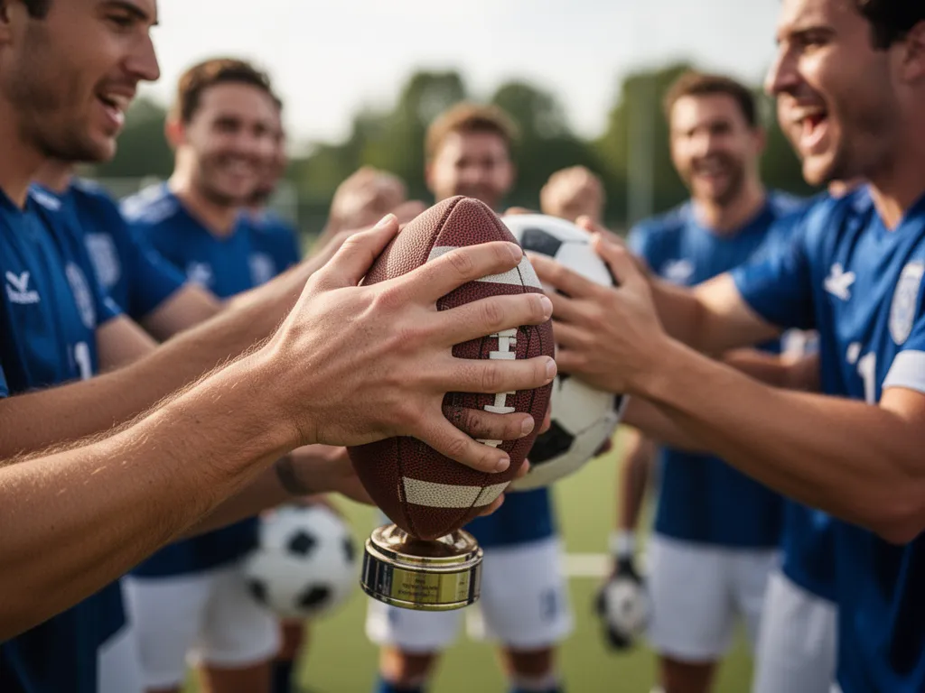Close-up of athlete hands gripping sports equipment with teammates blurred in background