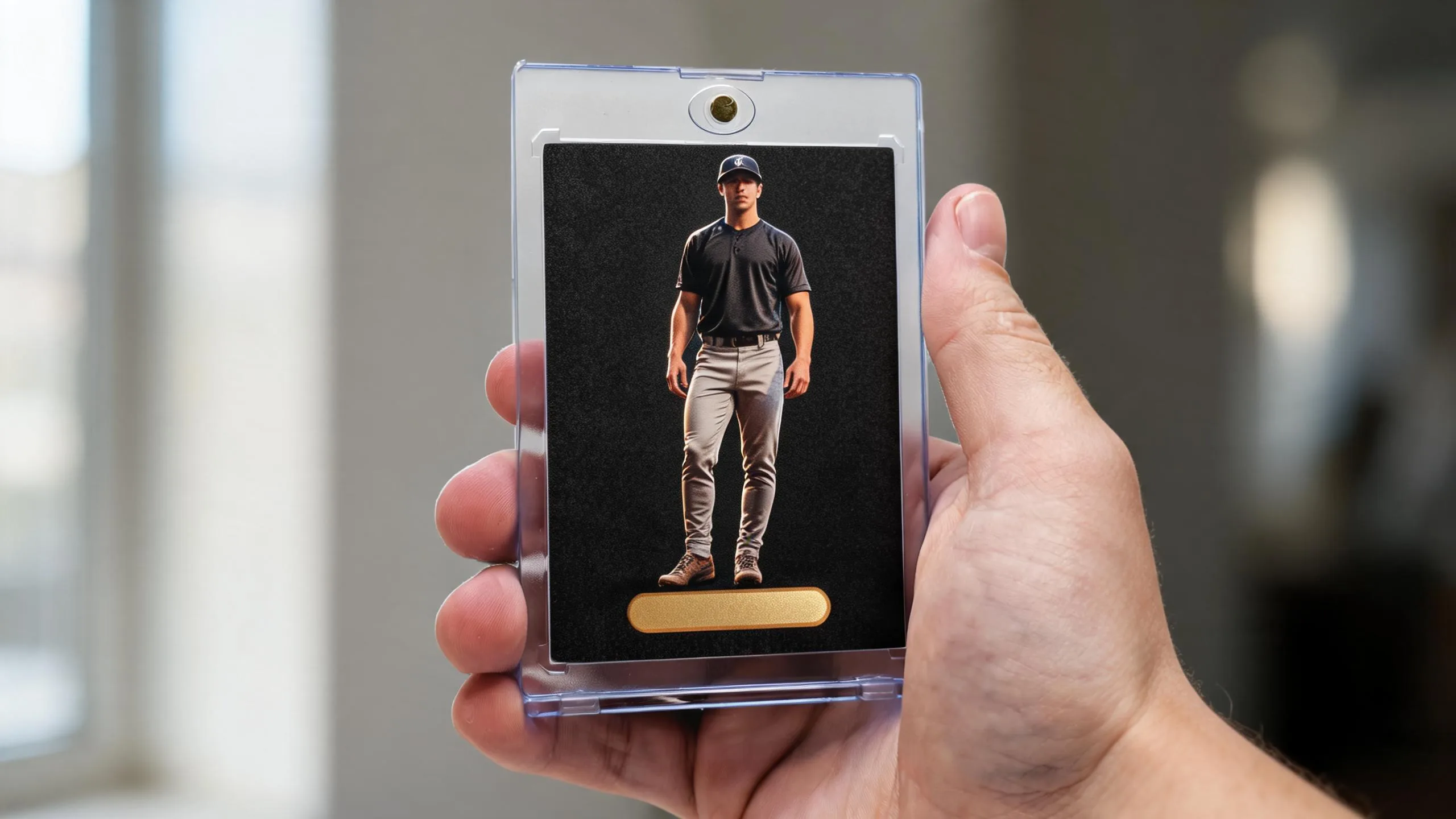 Hand holding a magnetic case with a premium dark trading card — where can i get cards printed