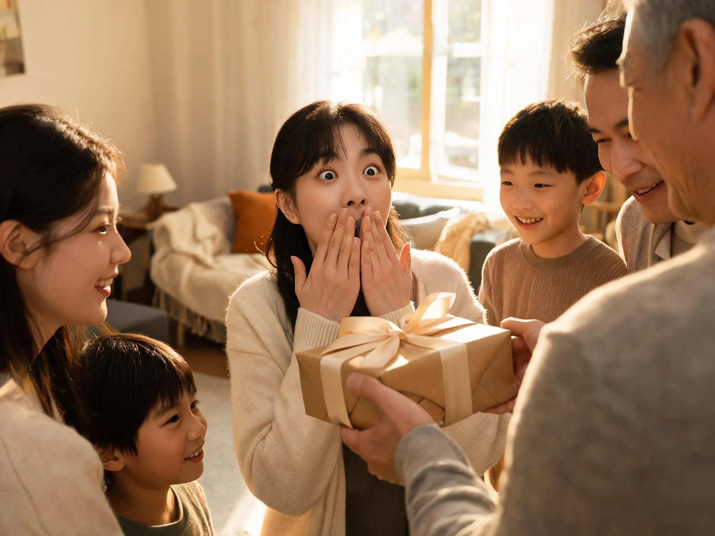 Person reacting with genuine surprise and joy while receiving an unexpected gift indoors