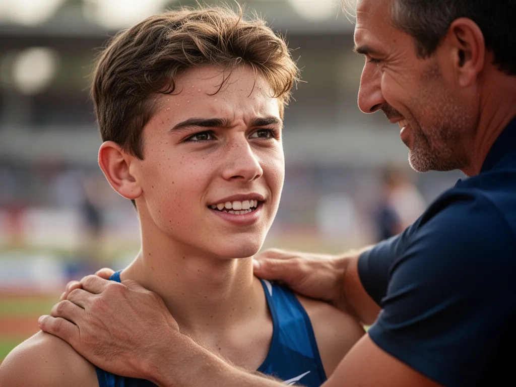 [Coach congratulating young athlete after competition with encouraging gesture and genuine emotion]