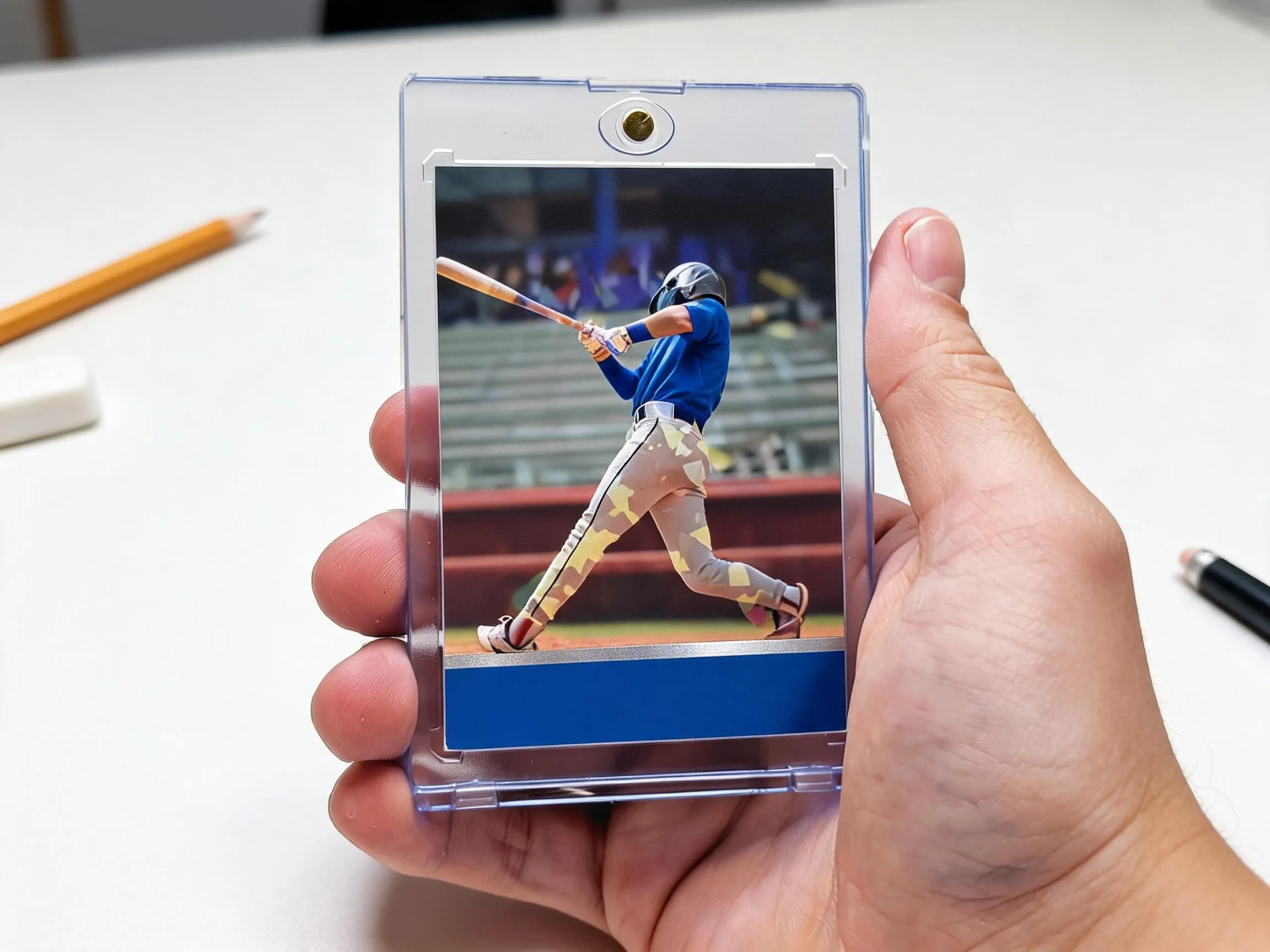 Custom keepsake trading card in a clear magnetic case on a white tabletop