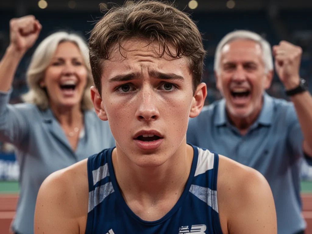 [Young athlete's determined face with proud parents celebrating in the background during competition moment]