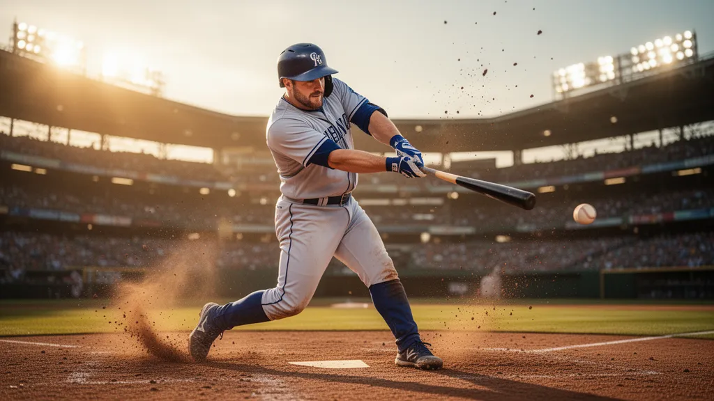 Baseball player mid-swing during game with dynamic motion and stadium lighting in background