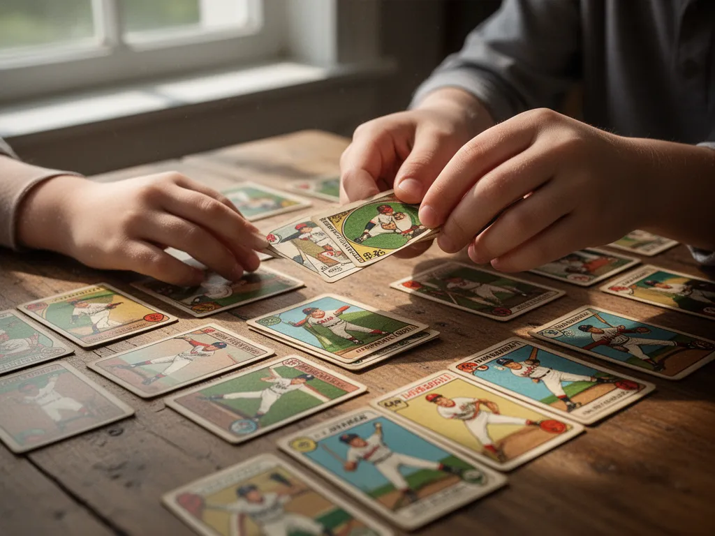 Child's hands examining vintage baseball cards on table with warm natural window lighting