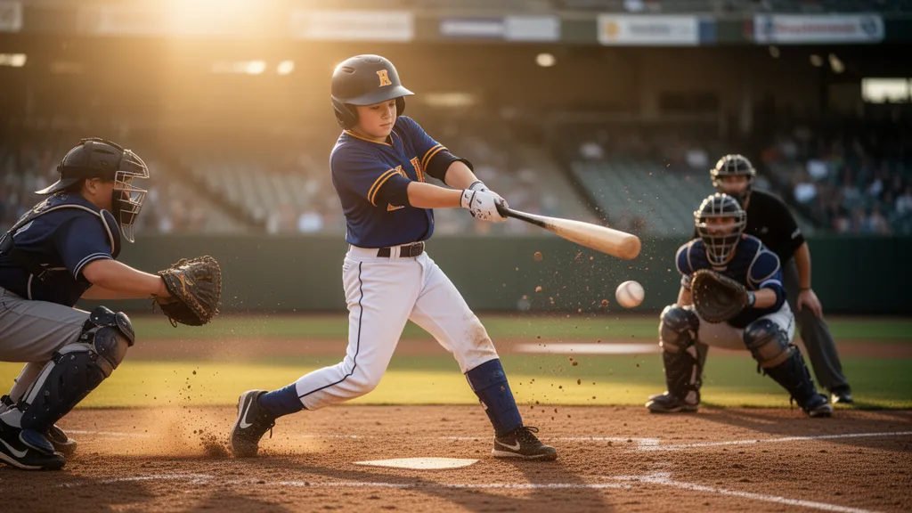 Baseball player swinging at pitch during game with catcher and blurred stadium background