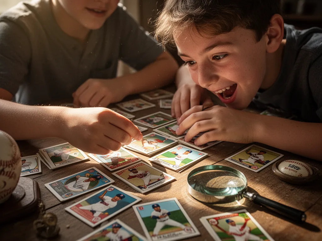 Young collector examining baseball cards at table with magnifying glass and focused expression