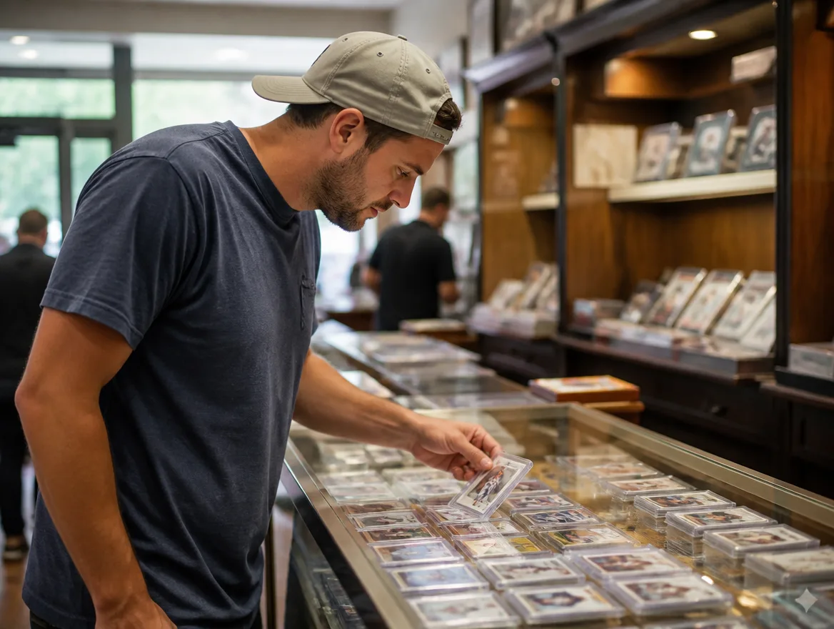 Customer browsing where to buy baseball cards at a shop counter