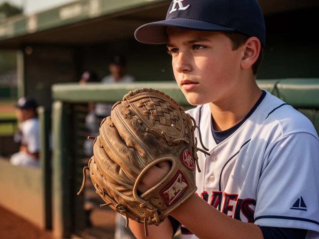 [Young baseball player holding worn leather glove with focused, determined expression on face]