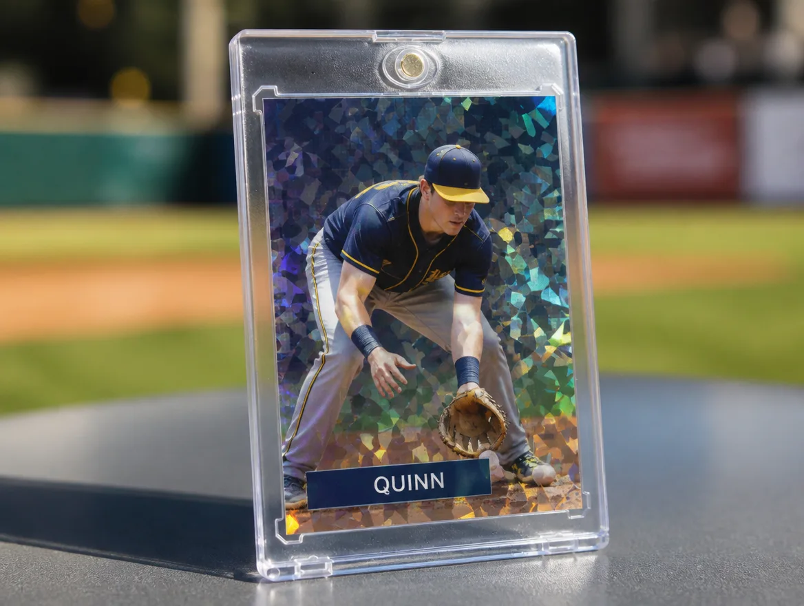 Custom baseball trading card standing in a premium magnetic case