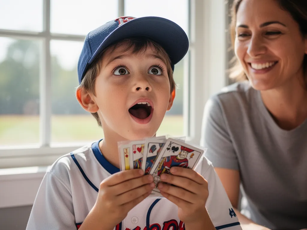 Child excitedly opening baseball card pack with family member watching in background