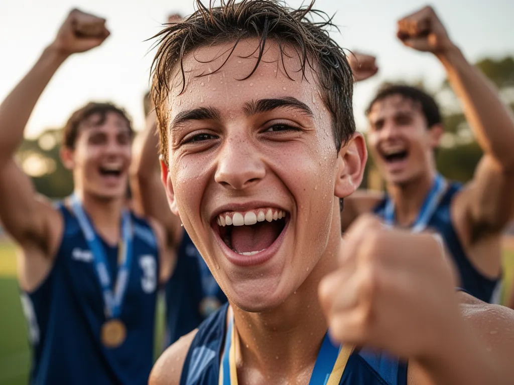 Young athlete's face beaming with pride and emotion after competitive victory with teammates blurred behind