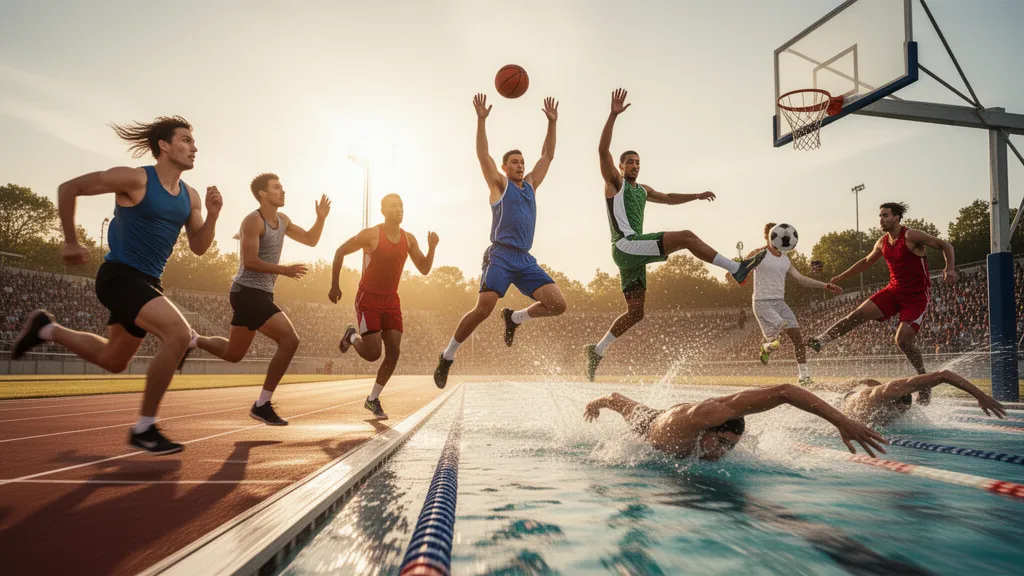 Multiple athletes from different sports competing together outdoors in natural golden hour lighting