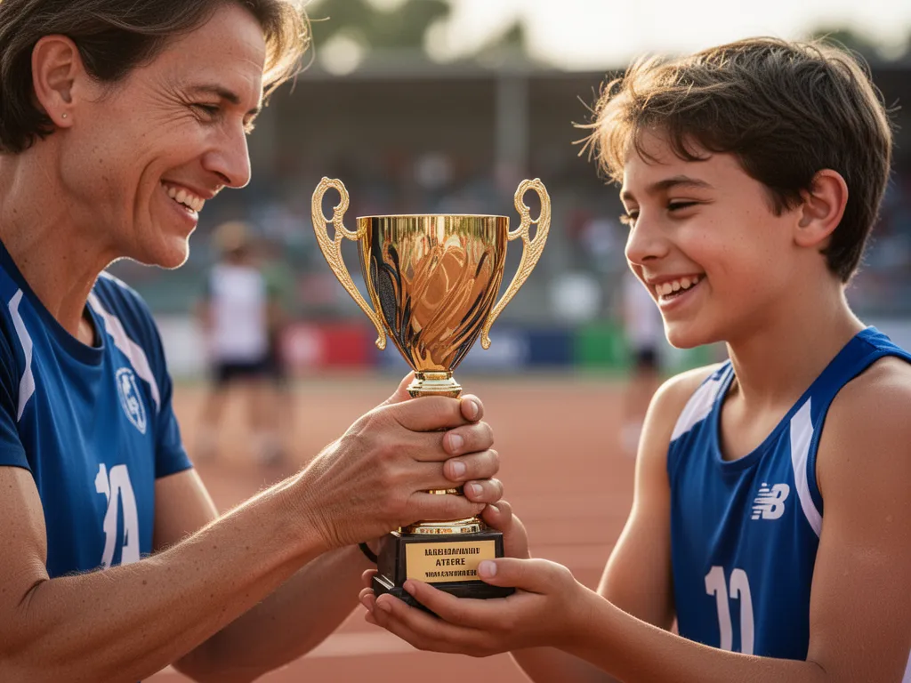 Parent presenting trophy to young athlete with emotional celebration moment indoors