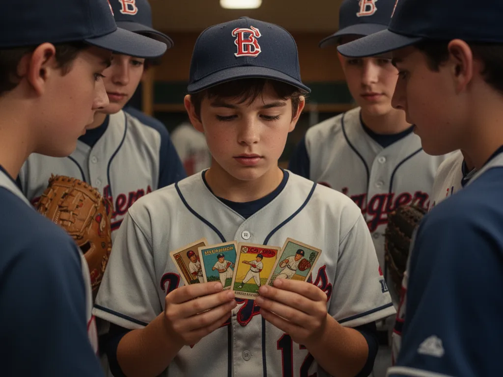[Young baseball players examining and sharing trading cards together indoors]