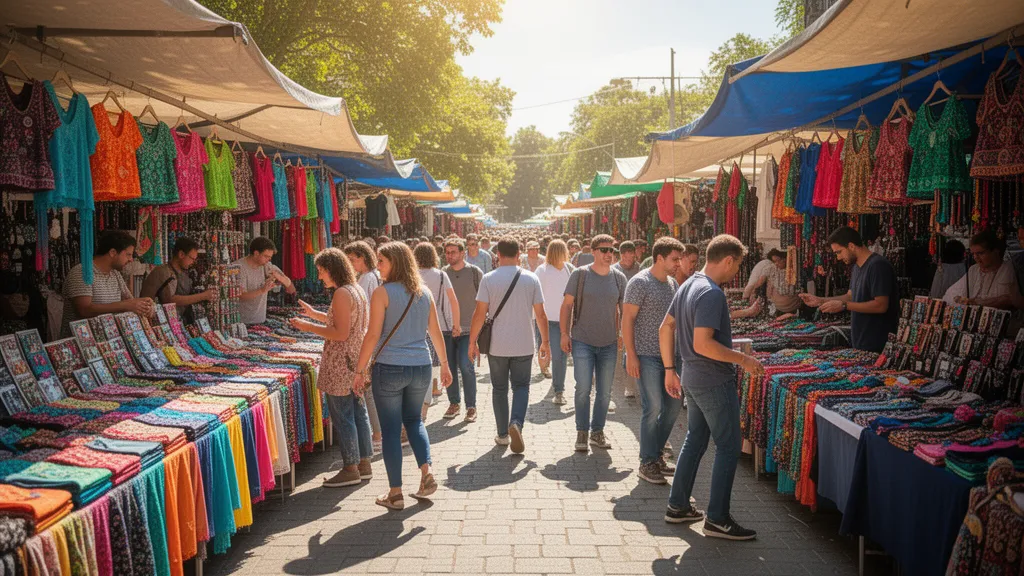Bustling outdoor market with shoppers browsing merchandise displays in natural daylight