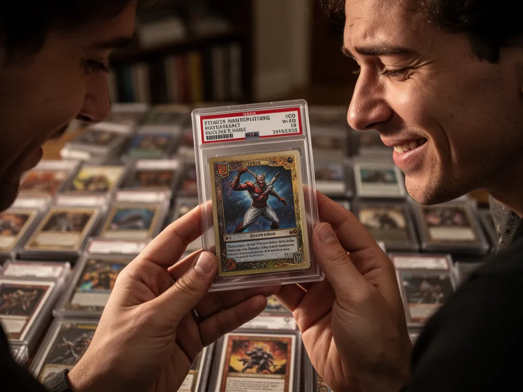 [Collector admires freshly graded trading card in protective holder with pride and satisfaction visible]