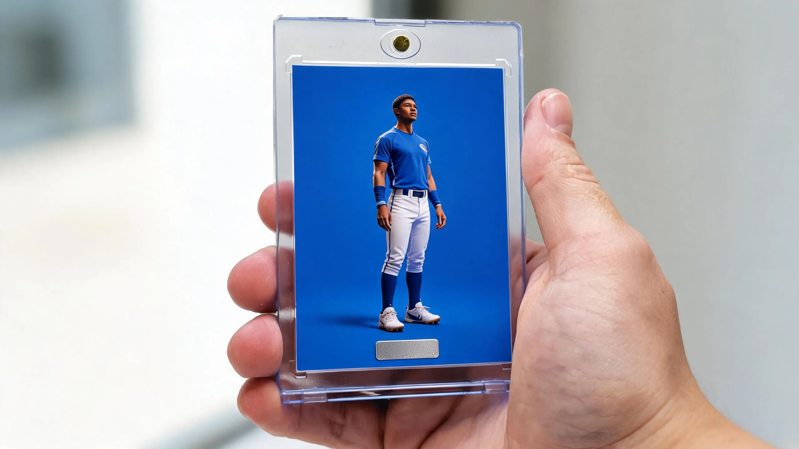 Hand holding a magnetic acrylic case with a blank-text keepsake card, guide to where to grade cards.