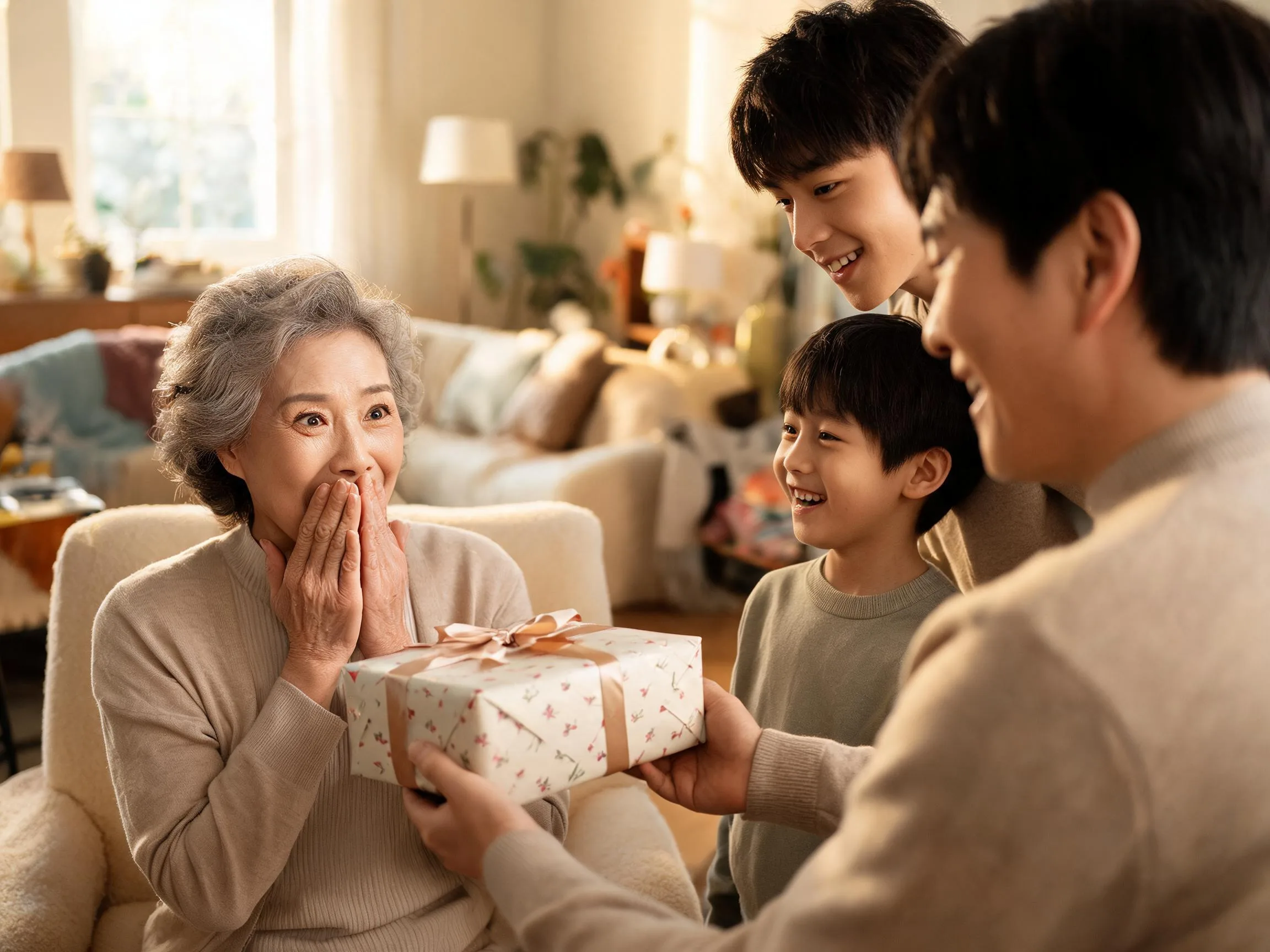 Family member reacting with genuine surprise while being handed an unexpected wrapped gift.
