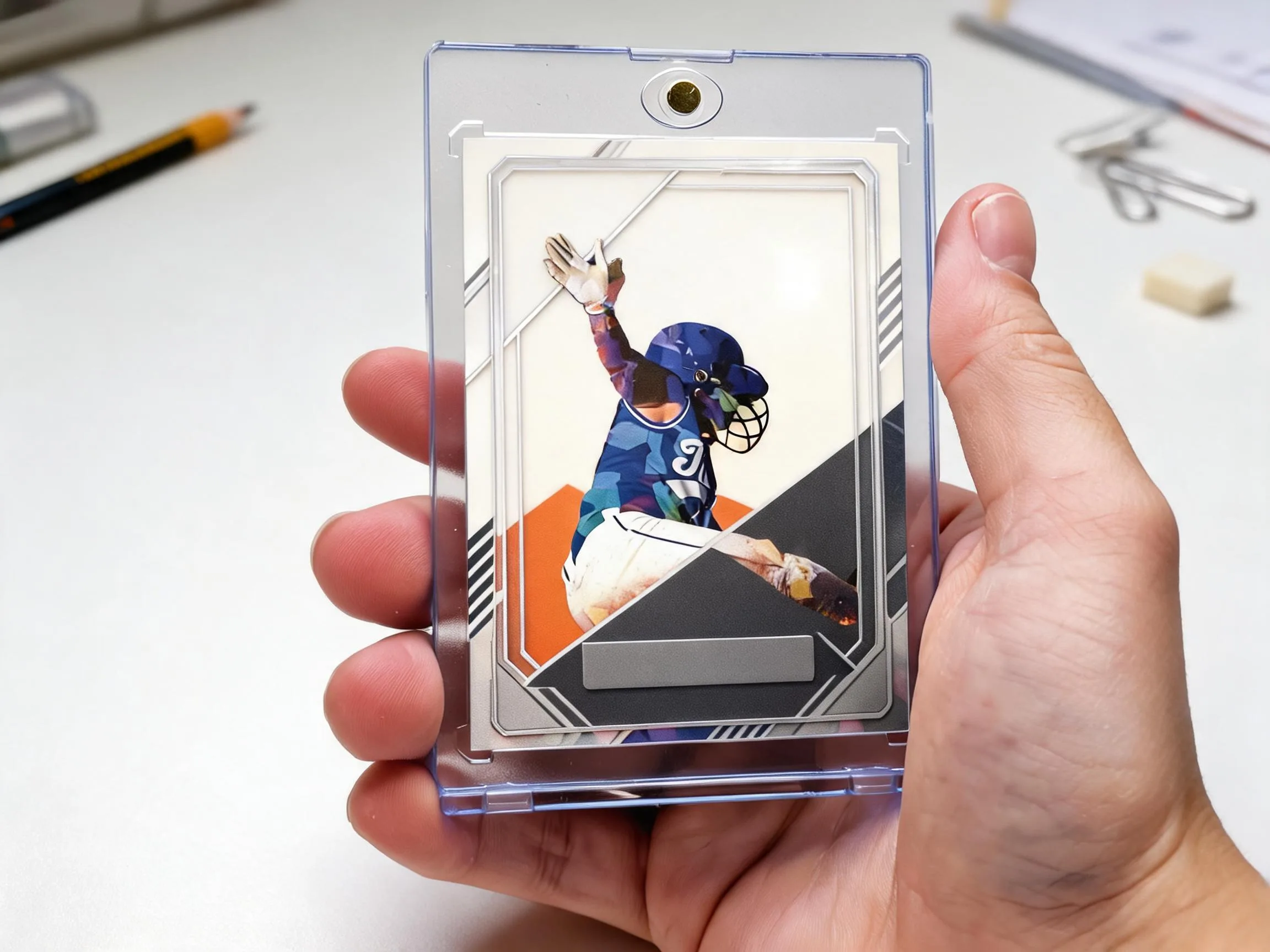 Custom keepsake trading card in a magnetic case, diagonal orange and grey design.