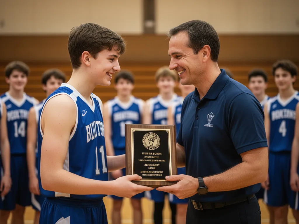 Coach presenting achievement plaque to proud young athlete with teammates celebrating in background