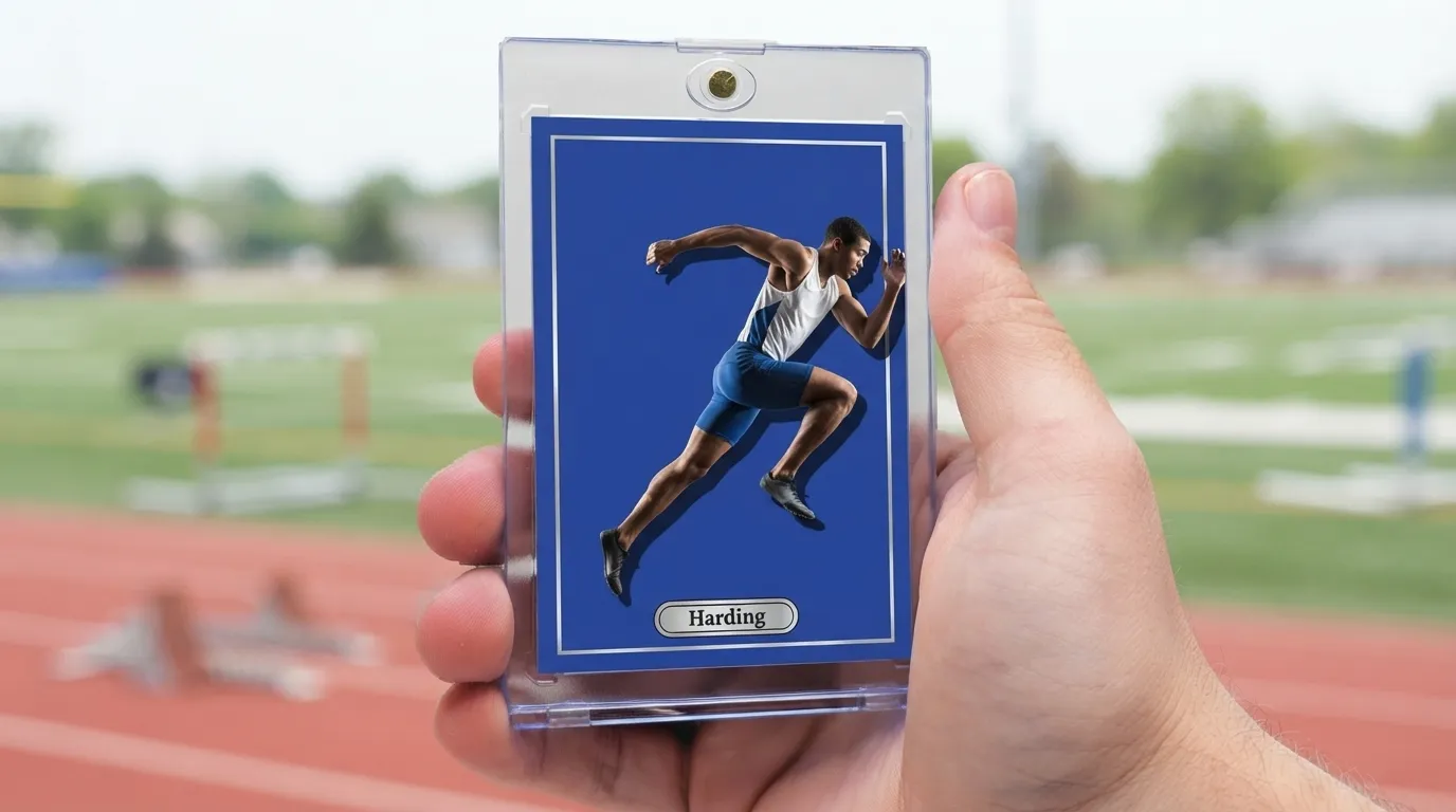 Hand holding magnetic case with premium sports card, showing where to print trading cards professionally.