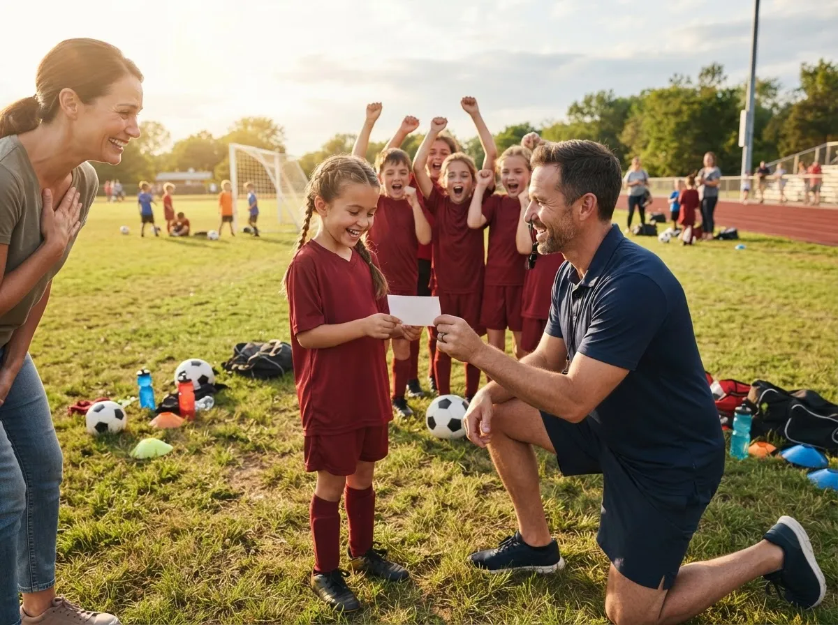 Coach and young athlete share proud emotional moment on sunny sports field together.