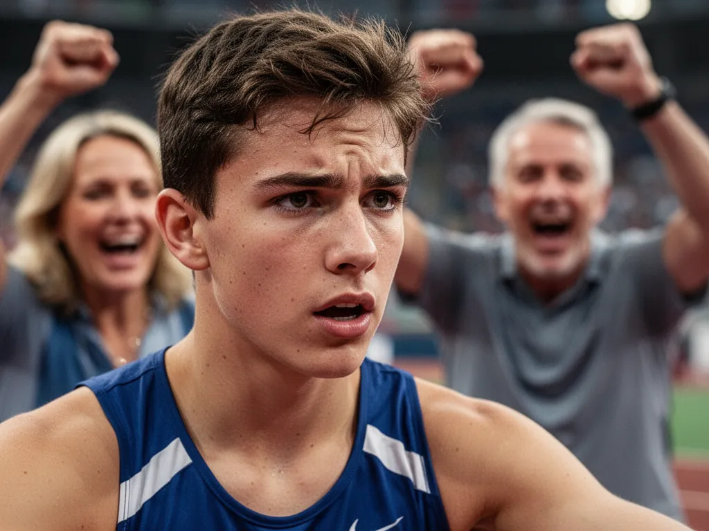 [Young athlete's concentrated face during competition with proud family members cheering supportively]