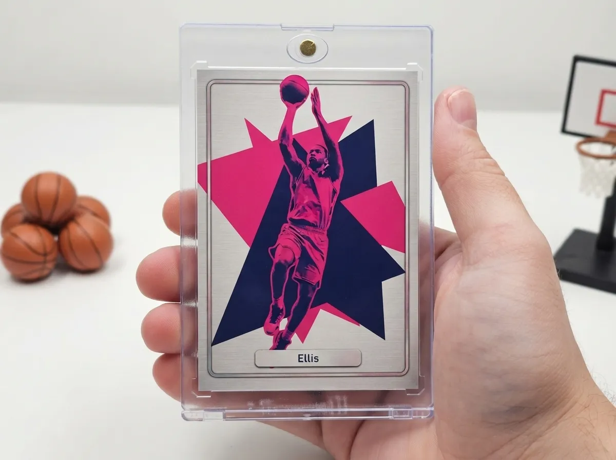 Custom sports trading card in magnetic case displaying bold duotone athlete design.