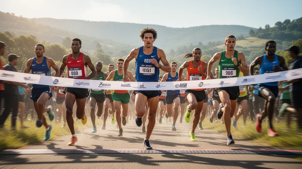 Multiple athletes sprinting toward finish line in outdoor daylight competition with natural landscape
