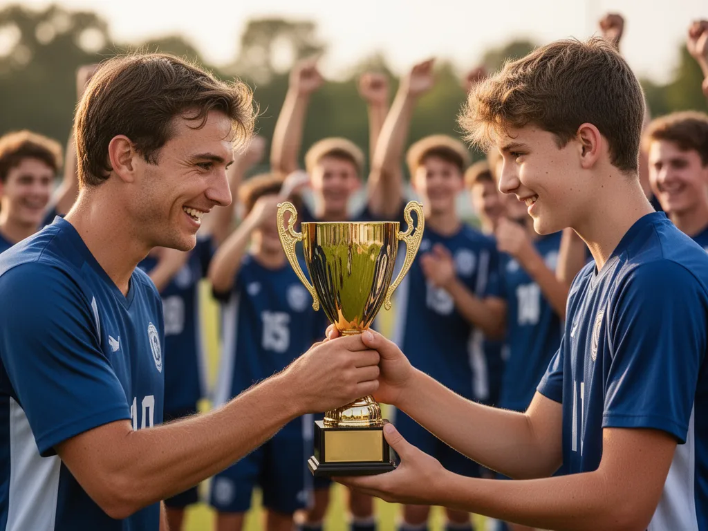Coach presenting gold trophy to proud young athlete with celebrating teammates blurred behind
