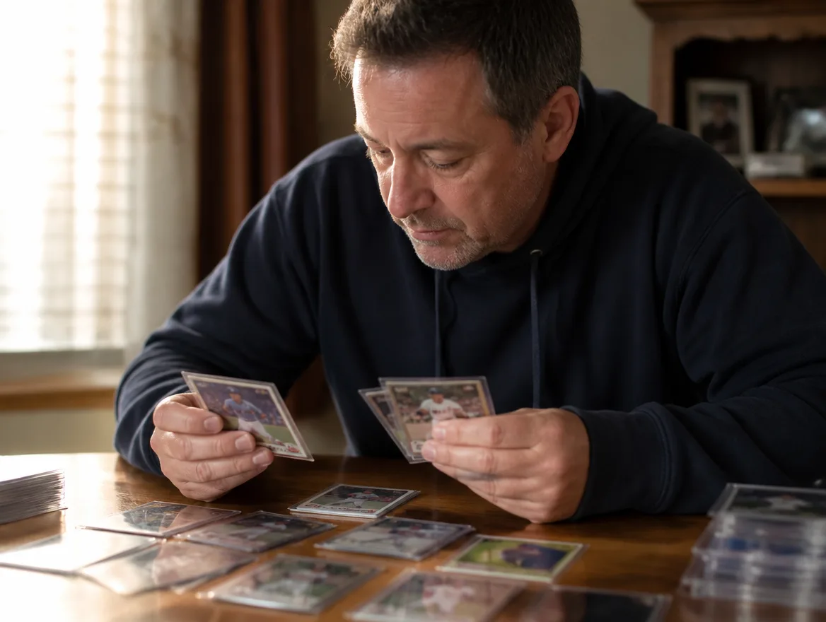 Collector comparing which brand of baseball cards are worth the most on a table
