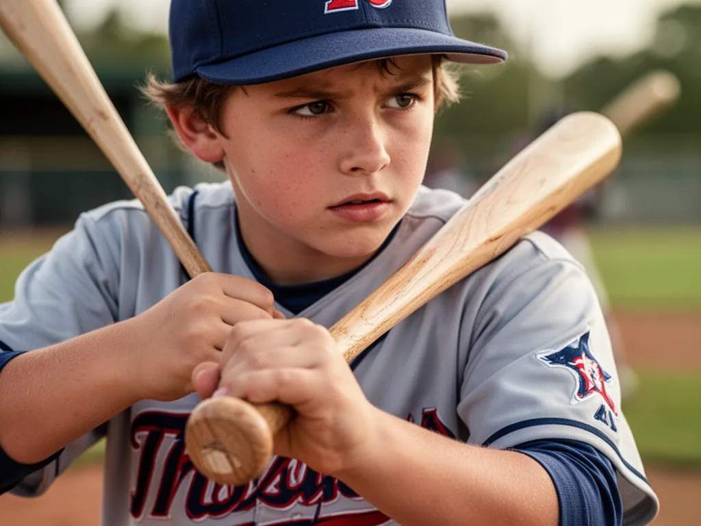 Young player gripping bat with focused expression in baseball uniform